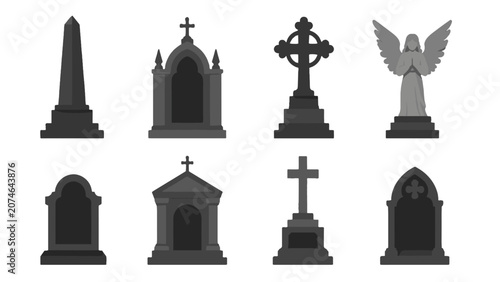Konstfotografi Cemetery gravestones monuments and angel statue icon set