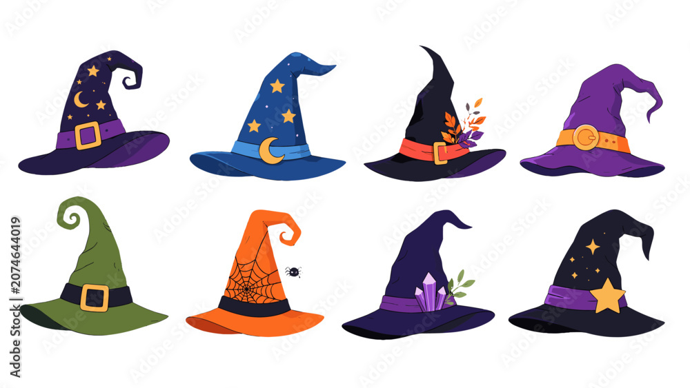 Fototapeta premium Set of colorful Halloween witch hats isolated on white