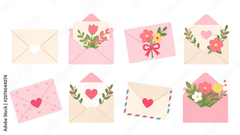 Naklejka premium Set of pastel envelopes with hearts, flowers, and greeting cards