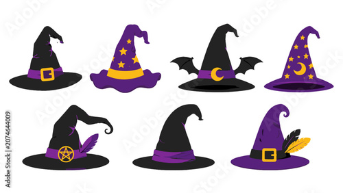 Quadro su tela Set of Halloween witch and wizard hats in cartoon vector style