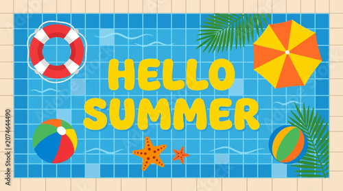 Foto Summer illustration with colorful beach elements and hello message on pool backg