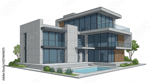 Modern two story house with pool