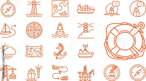Fotografi Detailed marine navigation and nautical icons set with lighthouses ships and glo