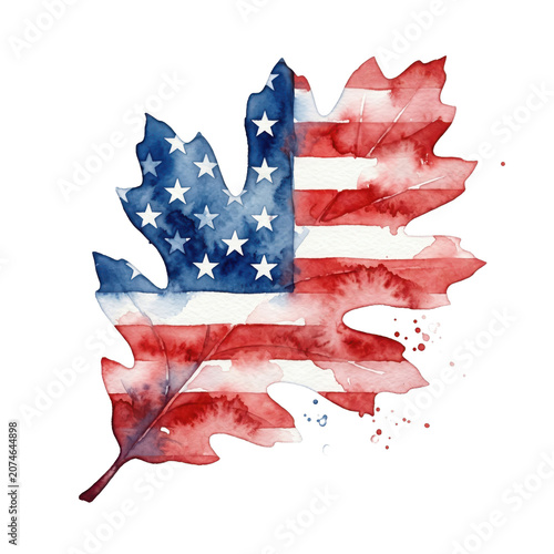 Watercolor oak leaf with american flag pattern isolated on transparent background