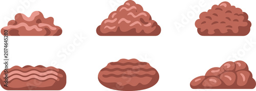 Obraz na płótnie Ground beef vector icon set with raw minced meat piles, fresh culinary ingredients for burger patty design, flat cartoon graphics