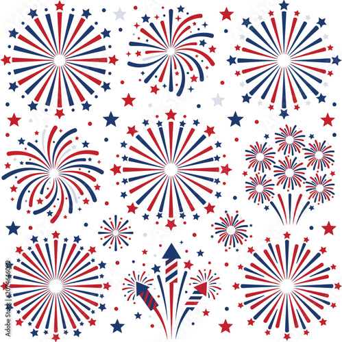 Patriotic fireworks burst collection vector illustration set