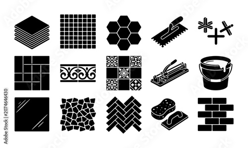 Schilderij op canvas Ceramic tile installation icons set, 15 black silhouette flooring and masonry to