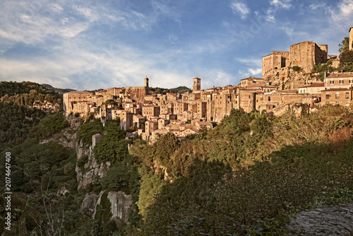 Sorano, Grosseto, Tuscany, Italy: landscape of the medieval village on the hill with the two fortresses, Orsini and Masso Leopoldino