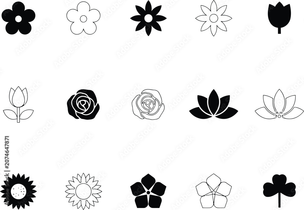 Fototapeta premium Floral icon set black and white botanical illustrations for design projects