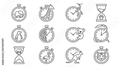 Canvas Print Animal themed stopwatch and clock line icon set grey.