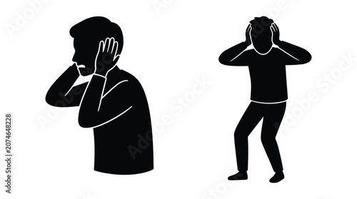 Fényképezés Silhouette Of Distressed People With Head In Hands Black On White