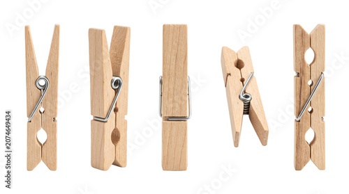 Wooden clothespin collection for craft projects, laundry concepts and eco-friendly branding. Isolated on White background.