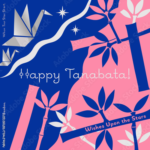 Happy Tanabata greeting with bamboo tanzaku and celestial stars in  ethnic style