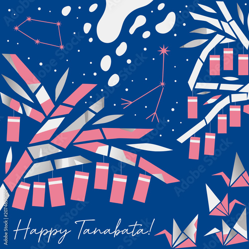 Tanabata japanese star festival greeting with bamboo tanzaku milky way in  ethnic style