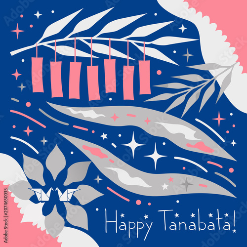 Happy Tanabata japanese greeting with bamboo tanzaku milky way and stars in  style