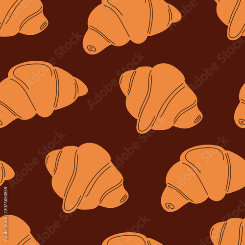 Croissant pattern on brown background. Seamless pattern of cartoon delicious fresh croissant. Vector illustration for bakery and printing.