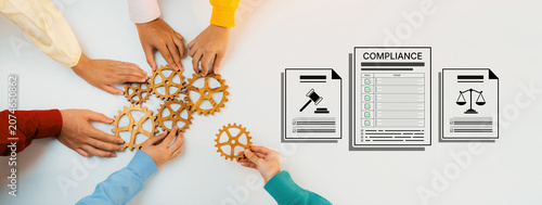 Cuadro en lienzo Collaborative Teamwork in Compliance Management with Gears and Documents Representing Legal Frameworks and Organizational Standards