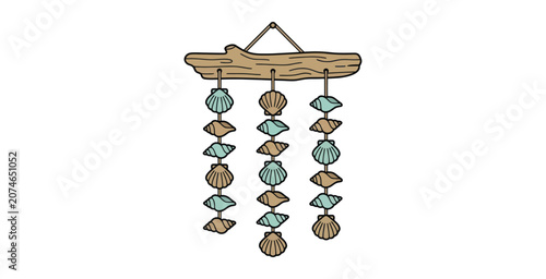 Konstfotografi Seashell Driftwood Wind Chime Vector Illustration