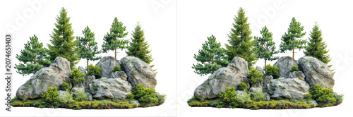 Fotografía Composition of rocks and coniferous trees isolated on transparent background