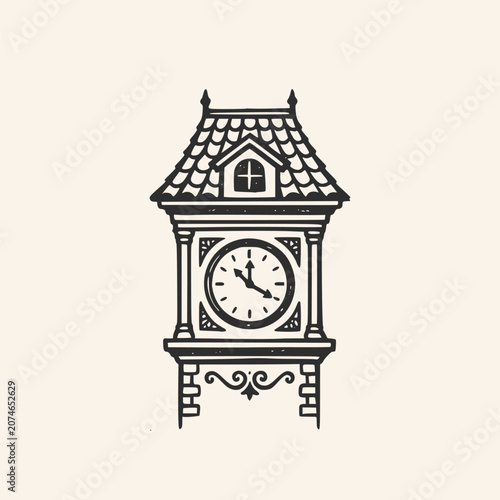 Tableau sur toile Vintage style ink sketch of an old clock tower or antique grandfather clock with tiled roof