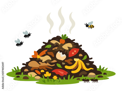 Compost pile decomposing fruit peels, vegetable scraps and leaves, drawing flies, bees and ants