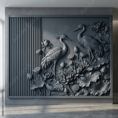 Large bird sculpture mural in modern interior room.