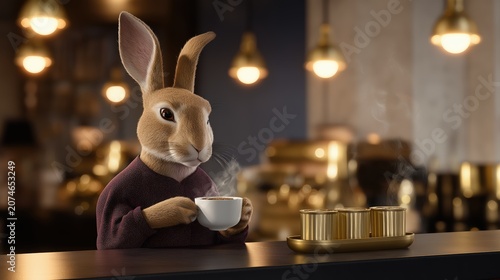 A rabbit working as a cheerful barista behind a cozy café counter, serving freshly brewed coffee amid warm ambient light, rising steam, and a welcoming atmosphere filled.