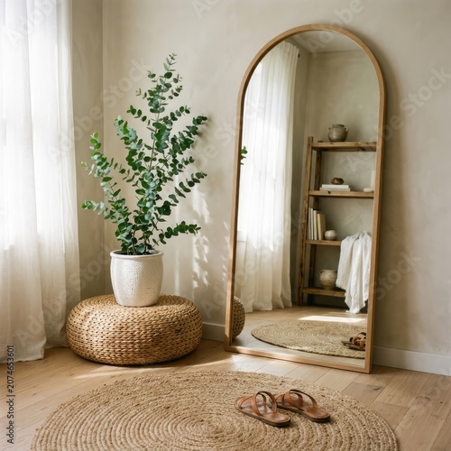 Arched wooden mirror on floor next to potted plant
