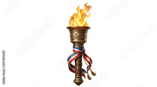 Antique bronze torch with burning flame and tricolor ribbon, ceremonial olympic fire on white background, vintage sports victory symbol