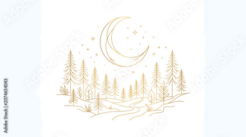 Whimsical Forest Scene with Crescent Moon and Tall Trees.