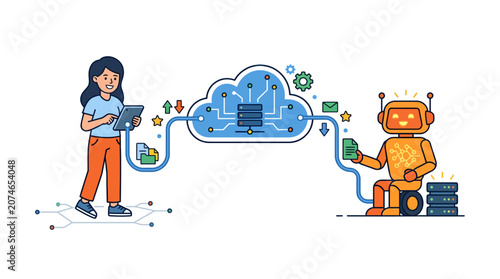 Woman and Robot Connecting to Cloud Computing Technology.