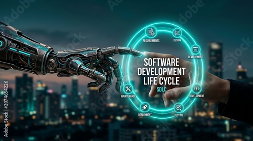 Robot and human hand touching with software development life cycle SDLC phases in cityscape