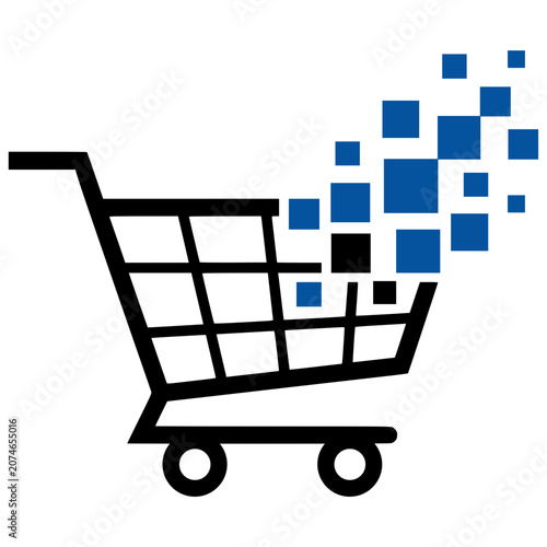 Digital Shopping Cart Icon with Pixelated Data for E-commerce and Online Retail