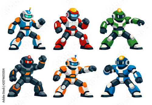 Cartoon robots in six colors striking dynamic fighting poses, representing a powerful team of futuristic cybernetic warriors