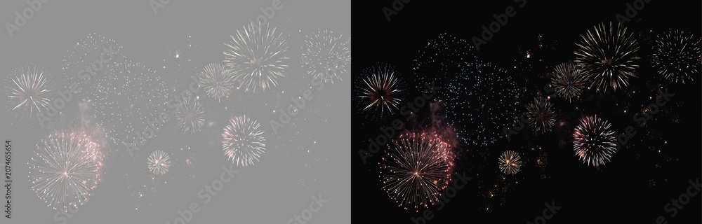 Fototapeta premium Abstract fireworks celebration 4th anniversary overlay, twin grand colourful firework sparkles bursts on black background wide banner, 4th of July, night sky fireworks explosion effect