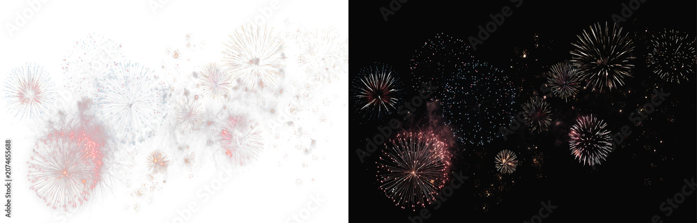 Fototapeta premium Abstract fireworks celebration 4th anniversary overlay, twin grand colourful firework sparkles bursts on black background wide banner, 4th of July, night sky fireworks explosion effect