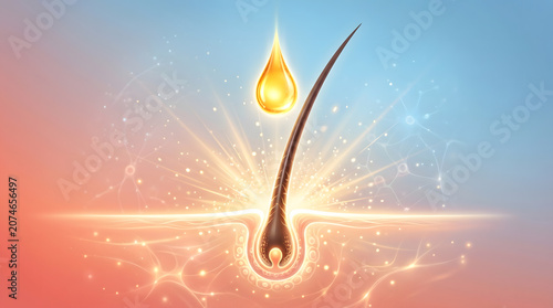 Illuminated hair follicle anatomy with golden serum drop glowing above root structure