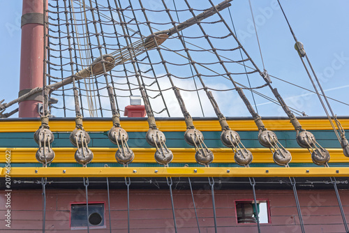 Bild auf Leinwand Main Topmast Staysail at Tall Ship Rigging Ropes