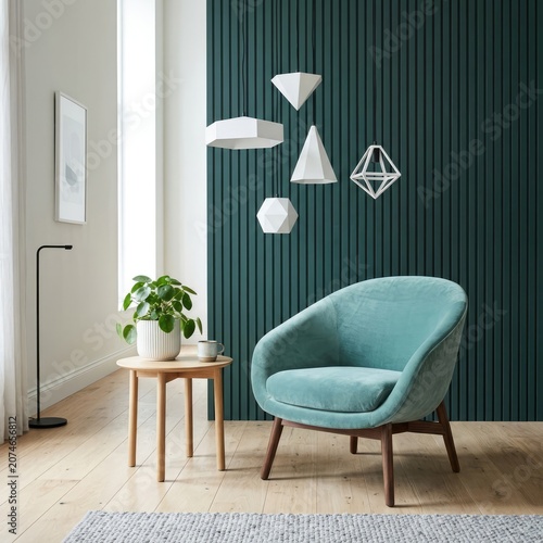 Contemporary teal chair against a green slatted wall.