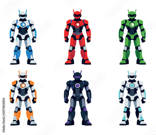 Colorful android characters pose, representing artificial intelligence, automation, computing, and future innovation