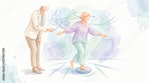 Vestibular Dizziness Therapy Balance Training Exercise with Physical Therapist Watercolor Medical Illustration