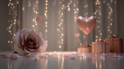 Romantic composition rose heart balloon gifts and fairy lights on a surface