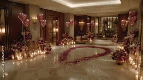Elegant interior decorated with flowers candles and balloons for celebration