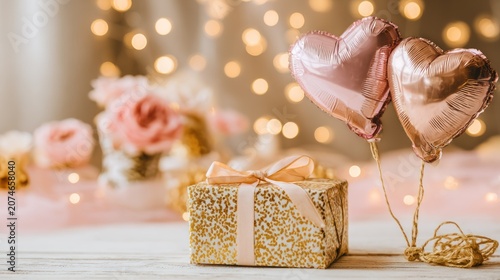 Gift box and heart balloons with soft lighting for celebrations