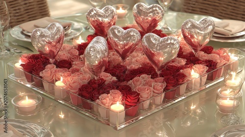 Elegant table centerpiece with silver hearts and flower arrangement for celebrations