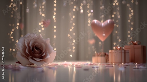 Romantic composition rose heart balloon gifts and fairy lights on a surface