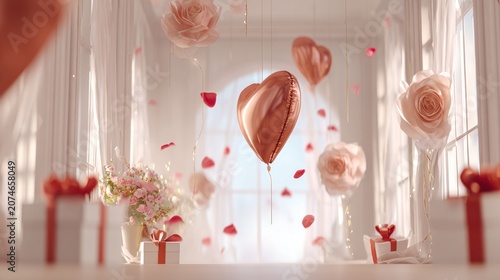 Romantic scene with heart shaped balloons and gifts for celebratory occasions