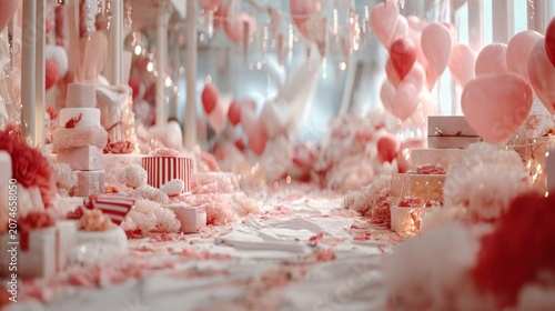 Elegant display of heart shaped balloons and gifts in soft pink decorations
