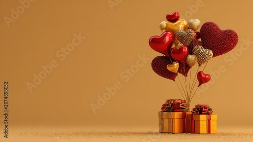 Valentines day balloons and gifts on warm background with copy space