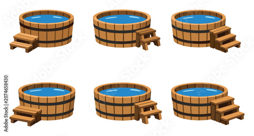 Wooden hot tub holding clear blue water and attached stairs presents a stylized vector graphic for wellness and relaxation